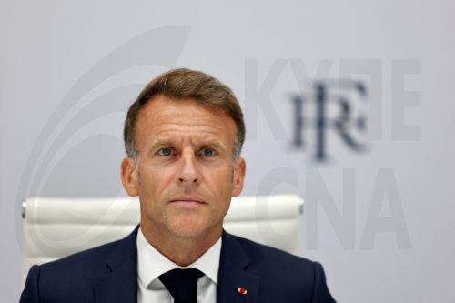 epa13188701 French President Emmanuel Macron co-chairs a video conference meeting of the Coalition of the Willing group of pro-Ukrainian countries to mark the 35th anniversary of Ukraine's independence, at the Elysee Palace in Paris, France, 24 August 2026. While the British prime minister chairs the meeting on the ground in Kyiv, the French president and...