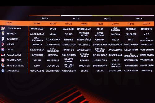 epa13196508 A display board shows the fixtures for the teams in Pot 1 during the 2026/27 UEFA Europa League league phase draw at the Grimaldi Forum in Monaco, 28 August 2026.  EPA/SEBASTIEN NOGIER