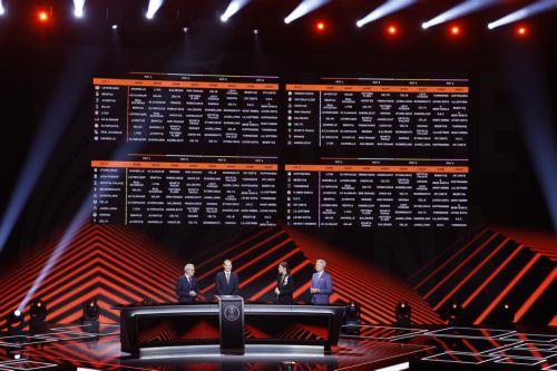 epa13196513 A display board shows the fixtures during the 2026/27 UEFA Europa League league phase draw at the Grimaldi Forum in Monaco, 28 August 2026.  EPA/SEBASTIEN NOGIER