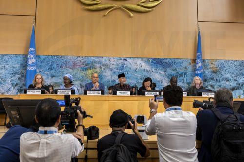 epa13219221 U.N. Deputy High Commissioner for Human Rights Awa Dabo (2-L), U.N. High Commissioner for Human Rights Volker Turk (3-L), and President of the United Nations Human Rights Council Sidartho Suryodipuro (C) attend the 63rd regular session of the Human Rights Council at the European headquarters of the United Nations in Geneva, Switzerland, 07...