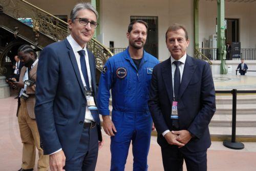 epa13227908 Airbus CEO Guillaume Faur (R), Thales CEO Patrice Caine (L), and French European Space Agency astronaut Thomas Pesquet (C) pose at the International Space Summit at the Grand Palais in Paris, France, 10 September 2026. The event brings together political leaders, international organizations, space agencies, industry representatives, scientists,...