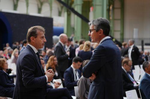 epa13227909 Airbus CEO Guillaume Faury (L) speaks with Thales CEO Patrice Caine at the International Space Summit at the Grand Palais in Paris, France, 10 September 2026. The event brings together political leaders, international organizations, space agencies, industry representatives, scientists, astronauts, and key stakeholders to discuss the major...