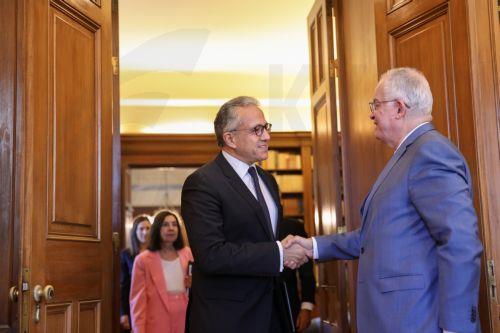 epa13228106 Greek President Konstantinos Tasoulas (R) welcomes UNESCO Director-General Khaled al-Anani (L) during their meeting at the Presidential Mansion in Athens, Greece, 10 September 2026.  EPA/GEORGE VITSARAS