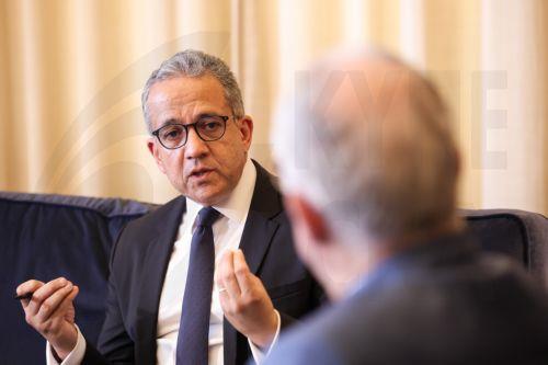 epa13228109 Greek President Konstantinos Tasoulas (R) talks with UNESCO Director-General Khaled al-Anani (L) during their meeting at the Presidential Mansion in Athens, Greece, 10 September 2026.  EPA/GEORGE VITSARAS