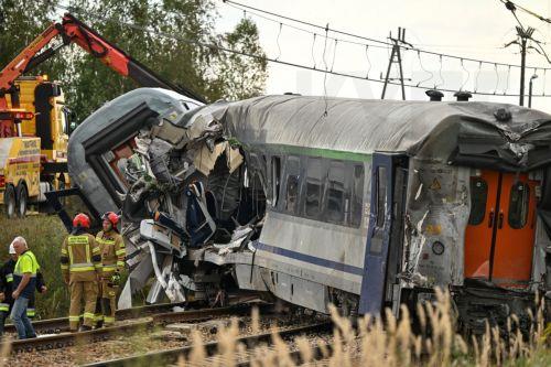 epa13228269 A derailed locomotive is lifted after an accident in Sokolniki Suche, Poland, 10 September 2026. Emergency response teams and technical crews worked to clear the site of a rail accident that occurred on 09 September when a truck collided with a PKP Intercity passenger train traveling on the Lublin–Szczecin route. The impact derailed the...