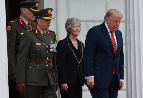 epa13233635 Ireland's President Catherine Connolly (L) meets US President Donald Trump (R) at the Aras an Uachtarain in Dublin, Ireland, 12 September 2026. The US president is on a two-day visit to Ireland, including a visit to his golf course in Doonbeg.  EPA/NEIL HALL