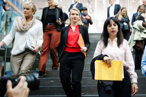 epa13254123 The Left party (Die Linke) top candidate for the Berlin House of Representatives election 2026 Elif Eralp (R), The Left Party (Die Linke) federal party co-leader Ines Schwerdtner (C) and The Left party (Die Linke) top candidate for the Mecklenburg-Western Pomerania election 2026 Simone Oldenburg (L) leave after a press conference with...