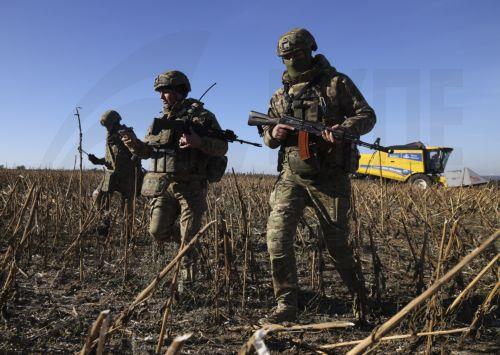 epa13277315 Ukrainian servicemen guard farmers from Russian drones as they harvest sunflowers near a frontline in the Zaporizhzhia region, Ukraine, 02 October 2026, amid the ongoing Russian invasion. The territory close to the frontline is extremely dangerous due to Russian FPV drones.  EPA/OLEG MOVCHANIUK