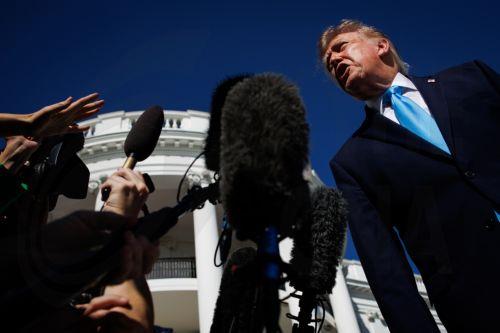 epa13283667 US President Donald Trump speaks to reporters on the South Lawn before departing the White House in Marine One in Washington, DC, USA, 05 October 2026. President Trump will deliver remarks at a midterm election rally at the Pinnacle Bank Expo Center in Grand Island, Nebraska, campaigning in support of Republican US Senator Pete Ricketts, who...