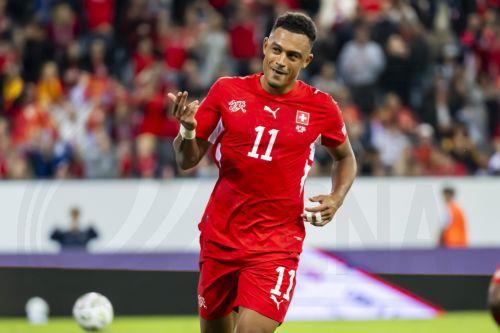 epa13285801 Switzerland's Dan Ndoye celebrates scoring the 3-0 goal in the UEFA Nations League group stage soccer match between Switzerland and North Macedonia at the Thermoplanarena in Lucerne, Switzerland, 06 October 2026.  EPA/MICHAEL SCHMID