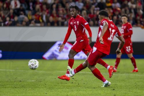 epa13285813 Switzerland's Dan Ndoye celebrates scores the 3-0 goal in the UEFA Nations League group stage soccer match between Switzerland and North Macedonia at the Thermoplanarena in Lucerne, Switzerland, 06 October 2026.  EPA/MICHAEL SCHMID