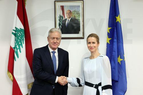 epa13289225 Lebanese Minister of Foreign Affairs and Emigrants Youssef Rajji (L) shakes hands with Kaja Kallas (R), the European Union's high representative for foreign affairs and security policy, ahead of their meeting at the Lebanese Foreign Ministry in Beirut, Lebanon, 08 October 2026. Kallas is on an official visit to Lebanon for talks with the...