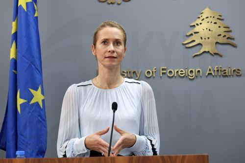 epa13289228 Kaja Kallas, the European Union's high representative for foreign affairs and security policy, speaks during a joint press conference with Lebanese Minister of Foreign Affairs and Emigrants Youssef Rajji (not pictured) at the Lebanese Foreign Ministry in Beirut, Lebanon, 08 October 2026. The press conference follows their meeting during Kallas'...