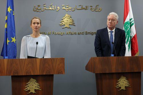 epa13289232 Kaja Kallas (L), the European Union's high representative for foreign affairs and security policy, speaks at a joint press conference with Lebanese Minister of Foreign Affairs and Emigrants Youssef Rajji (R) at the Lebanese Foreign Ministry in Beirut, Lebanon, 08 October 2026. The press conference follows their meeting during Kallas' official...