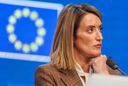 epa13306027 European Parliament President Roberta Metsola gives a press conference during a European Council summit in Brussels, Belgium, 15 October 2026. European Union (EU) heads of state and government are meeting for a two-day summit on 15 and 16 October 2026 focusing on European competitiveness and energy prices, the EU's long-term budget for...