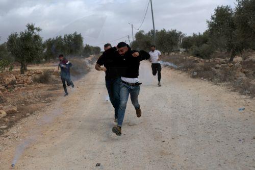 epa13309136 Palestinians run for cover from tear gas fired by the Israeli army following a settlers' attack on families harvesting their olive trees in Abu Falah, West Bank, 16 October 2026. According to Wafa, several Palestinians and a foreign journalist were injured in Israeli settler attacks on residents and olive pickers up to 3 locations in the central...