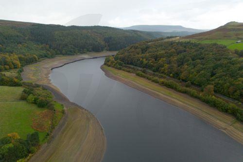 epa13309387 An aerial photograph taken with a drone of the Ladybower Reservoir which is at around 33 percent capacity, in Bamford, Britain, 16 October 2026. Most of England remains in drought as reservoir levels remain critically low after Britain experienced its hottest summer on record. A severe drought has been declared in six areas including Cornwall,...