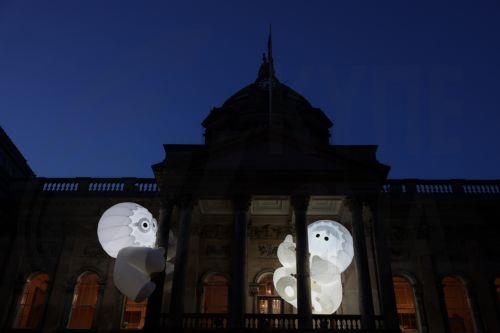 epa13323696 'The Anooki' by French design studio Inook on display on the side of Liverpool Town Hall during 'River of Light,' an illuminated outdoor art trail in Liverpool, Britain, 22 October 2026. The exhibition trail features 13 large-scale light installations based on the theme ’Together', with installations focusing on how light can bring people closer...