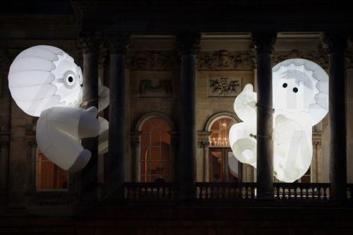 epa13323697 'The Anooki' by French design studio Inook on display on the side of Liverpool Town Hall during 'River of Light,' an illuminated outdoor art trail in Liverpool, Britain, 22 October 2026. The exhibition trail features 13 large-scale light installations based on the theme ’Together', with installations focusing on how light can bring people closer...