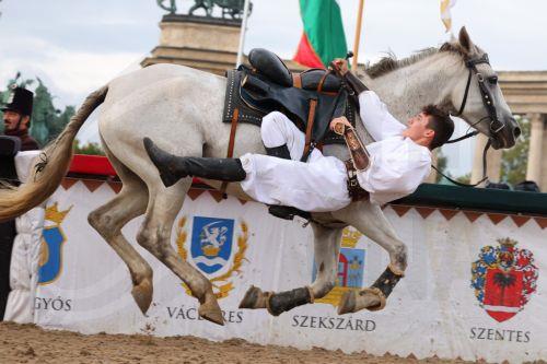 epa10218398 A member of the Gyor Devil Riders performs during the opening day of the 15th National Gallop Hussar-themed horse festival at the Heroes' Square in Budapest, Hungary, 01 October 2022.  EPA/Aniko Kovacs HUNGARY OUT