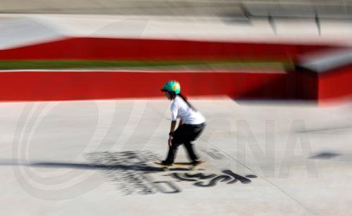 epa10442706 Funa Nakayama of Japan in action during practice sessions for the Street Skateboarding World Championships in Sharjah, United Arab Emirates, 01 February 2023.  EPA/ALI HAIDER