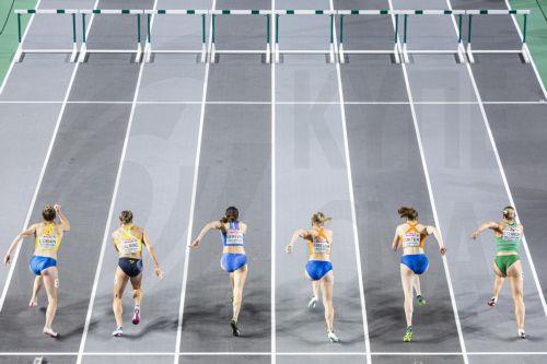 epaselect epa10499979 (L-R) Yulia Loban of Ukraine, Bianca Salming of Belgium, Sveva Gerevini of Italy, Marijke Esselnik and Sofie Doktor of the Netherlands, and Kate O'Connor of Ireland compete in a Women's 60 meters Pentathlon heat at the European Athletics Indoor Championships 2023 at the Atakoy Athletics Arena in Istanbul, Turkey 03 March 2023. ...