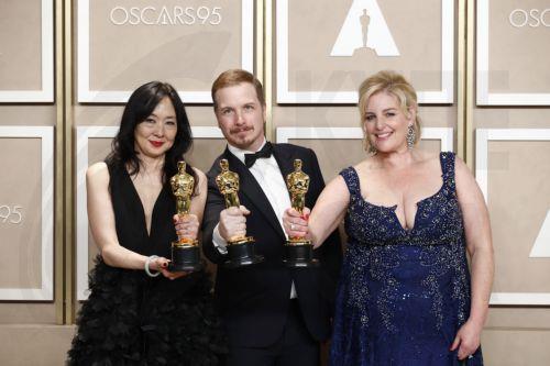 epa10518979 (L-R) Judy Chin, Adrien Morot, and Annemarie Bradley, winner of Best Makeup and Hairstyling award for 'The Whale' pose in the press room during the 95th annual Academy Awards ceremony at the Dolby Theatre in Hollywood, Los Angeles, California, USA, 12 March 2023. The Oscars are presented for outstanding individual or collective efforts in...