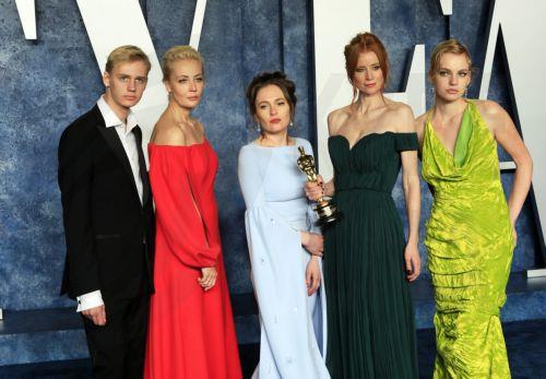 epa10520270 (L-R) Zahar Navalny, Yulia Navalnaya, Maria Pevchikh, Odessa Rae, and Dasha Navalnaya arrive at the 2023 Vanity Fair Oscar Party following the 95th annual Academy Awards ceremony, at the Wallis Annenberg Center for the Performing Arts in Beverly Hills, California, USA, 12 March 2023. The Oscars are presented for outstanding individual or...