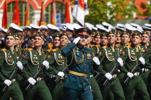 epa10616755 Russian servicemen march during a Victory Day military parade on Red Square in Moscow, Russia, 09 May 2023. Russia marks the 78th anniversary of the victory in World War II over Nazi Germany and its allies. The Soviet Union lost 27 million people in the war.  EPA/STRINGER