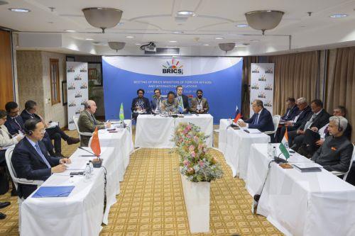 epa10667705 A handout photo made available by the Russian Foreign Ministry's press service shows (L-R) Ma Zhaoxu, deputy Minister of Foreign Affairs of China, Mauro Viera, Minister of Foreign Affairs of Brazil, Naledi Pandor, South African Minister of International Relations and Cooperation, Sergei Lavrov, Minister of Foreign Affairs of Russia, and...