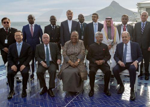 epa10668313 (Seated, L-R) Ma ZHaoxu, Deputy Minister of Foreign Affairs of China, Brazilâ€™s Foreign Affairs Minister Mauro Vieira, South Africa's Minister of International Relations and Cooperation, Naledi Pandor, India's Minister of External Affairs Dr. Subrahmanyam Jaishankar and Russian Foreign Minister Sergey Lavrov along with other officials pose for...