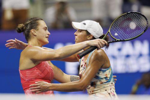 epa10847664 Aryna Sabalenka (L) of Belarus embraces Madison Keys (R) of the United States after Sabalenka defeated Keys in their semifinal round match at the US Open Tennis Championships at the USTA National Tennis Center in Flushing Meadows, New York, USA, 08 September 2023. The US Open runs from 28 August through 10 September.  EPA/CJ GUNTHER