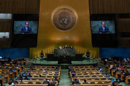 epa10871584 President of the Republic of Cyprus Nikos Christodoulides speaks during the 78th session of the United Nations General Assembly at United Nations Headquarters in New York, New York, USA, 20 September 2023.  EPA/ADAM GRAY