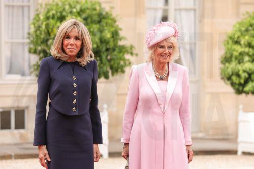 epa10871749 French First Lady Brigitte Macron (L) and Britain's Queen Camilla (R) pose together at the Elysee Palace in Paris, France, 20 September 2023. The visit, initially planned for March and postponed because of unrests in France, leads the king and queen of Great Britain to Paris and Bordeaux and includes a state dinner, official appointments with...