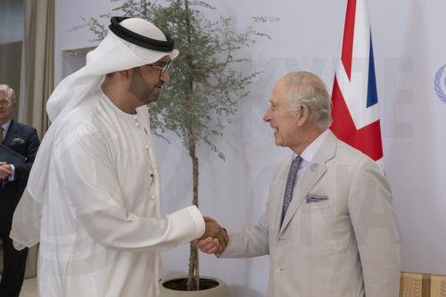 epa11005092 A handout photo made available by the UAE Presidential Court shows Dr Sultan bin Ahmed Al Jaber, UAE Minister of Industry and Advanced Technology (L), as he meets with Britain's King Charles III during COP28 UAE at Dubai Exhibition Centre, Expo City in Dubai, United Arab Emirates, November 30, 2023.  EPA/Hamad Al Kaabi/UAE Presidential Court  ...