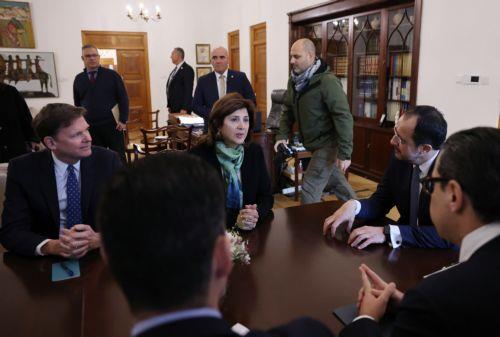 Ο Πρόεδρος της Δημοκρατίας κ. Νίκος Χριστοδουλίδης δέχεται την προσωπική απεσταλμένη του Γενικού Γραμματέα των Ηνωμένων Εθνών για το Κυπριακό κα Μαρία Άγκελα Χολγκουϊν Κουελάρ, στο Προεδρικό Μέγαρο στην Λευκωσία 30 Ιανουαρίου 2024. ΚΥΠΕ/ΚΑΤΙΑ ΧΡΙΣΤΟΔΟΥΛΟΥ