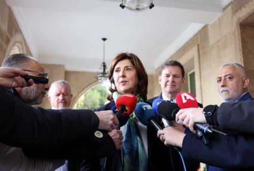 Η προσωπική απεσταλμένη του Γενικού Γραμματέα των Ηνωμένων Εθνών για το Κυπριακό κα Μαρία Άγκελα Χολγκουϊν Κουελάρ, στο Προεδρικό Μέγαρο στην Λευκωσία 30 Ιανουαρίου 2024. ΚΥΠΕ/ΚΑΤΙΑ ΧΡΙΣΤΟΔΟΥΛΟΥ