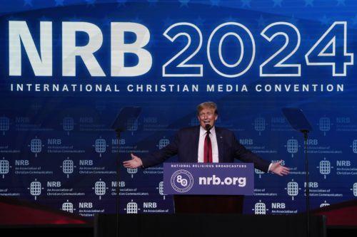 epa11174018 Former President Donald J. Trump speaks during a presidential forum at the 2024 National Religious Broadcasters International Christian Media Convention in Nashville, Tennessee, USA, 22 February 2024.  EPA/MARK HUMPHREY