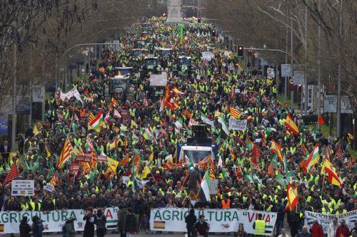 epa11182538 Farmers from various parts of Spain march to number 46 of the Paseo de la Castellana, where the European Parliament Office in Spain is located, in Madrid, Spain, 26 Spain 2024. Protests of Spanish farmers have entered a third week while in Brussels an EU Agriculture and Fisheries Council meeting is held.  EPA/J.J. GUILLEN