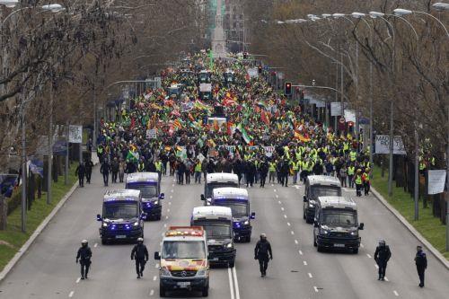 epa11182539 Farmers from various parts of Spain march to number 46 of the Paseo de la Castellana, where the European Parliament Office in Spain is located, in Madrid, Spain, 26 Spain 2024. Protests of Spanish farmers have entered a third week while in Brussels an EU Agriculture and Fisheries Council meeting is held.  EPA/J.J. GUILLEN