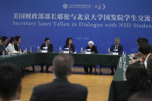 epa11263790 U.S. Treasury Secretary Janet Yellen holds a dialogue with students at Peking University in Beijing, China, 07 April 2024. Yellen, who arrived in Beijing after starting her five-day visit in Guangdong province, one of China's major industrial and export hubs, said that talks will create a structure to hear each other's views and try to address...