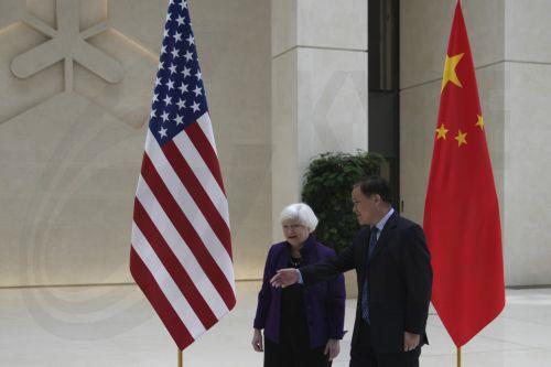 epa11264938 US Treasury Secretary Janet Yellen (L) walks with Governor of the People's Bank of China Pan Gongsheng (R) as they meet at the Peopleâ€™s Bank of China in Beijing, China, 08 April 2024. US Treasury Secretary Janet Yellen sent a message of mutual cooperation at a meeting Sunday with Chinese Premier Li Qiang, highlighting the improvement in...