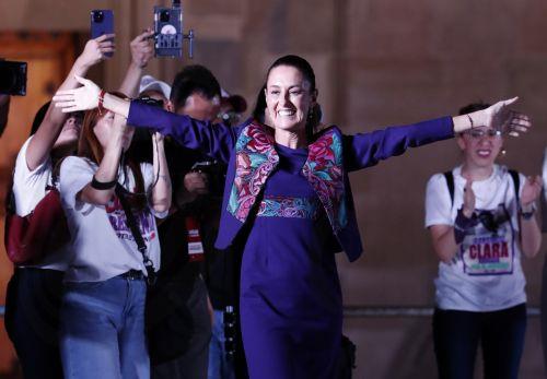 epa11386739 Mexico's presidential candidate Claudia Sheinbaum reacts during a press conference after the general elections in Mexico City, Mexico, 03 June 2024. Sheinbaum, a climate scientist and former mayor of Mexico City, is to be Mexico's first female President after she obtained between 58.3 and 60.7 per cent of the votes during the electoral night,...