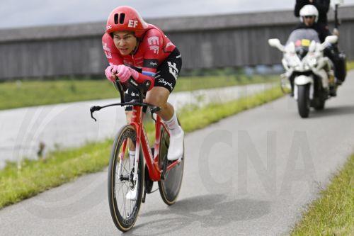 epa11399717 EF Education - EasyPost rider Stefan Bissegger from Switzerland in action during the first stage of the 87th Tour de Suisse cycling race, an individual time trial over 4.8 km with start and finish in Vaduz, Liechtenstein, 09 June 2024.  EPA/GIAN EHRENZELLER