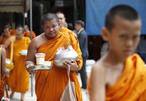 epaselect epa11399661 Thai Buddhist monks collect food alms after a health check program at a Buddhist temple in Bangkok, Thailand, 09 June 2024. The Thai Public Health Ministry launched a health check program and healthcare campaign to the estimated 72,000 Buddhist monks across Thailand aimed to raise awareness of good health amid the growing concern of...