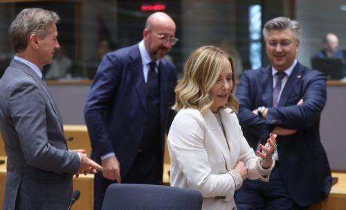 epa11418397 Italian Prime Minister Giorgia Meloni (2-R) Slovenian Prime Minister Robert Golob (L), European Council President Charles Michel (2-L) and Croatian Prime Minister Andrej Plenkovic (R), during an informal meeting of the European Council in Brussels, Belgium, 17 June 2024. Following the European Parliament elections, EU leaders gathered in...