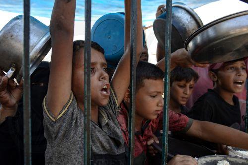 epa11581575 An internally displaced Palestinian child reacts as he waits during a gathering to collect food donated by a charity, in Khan Younis camp, southern Gaza Strip, 03 September 2024. Since 07 October 2023, up to 1.7 million people, or more than 75 percent of the population, have been displaced throughout the Gaza Strip, some more than once, in...