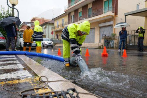 epa11613485 Civil Protection personnel work at an area following the passage of storm Boris, in Rimini, Emilia-Romagna region, Italy, 19 September 2024. The low-pressure system Boris brought heavy rain to central and eastern Europe starting on 11 September 2024 with five times the average monthly rainfall for September within a few days according to the...