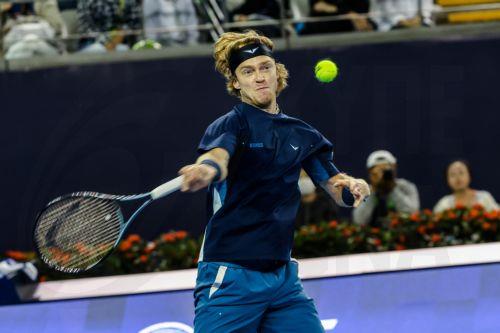 epa11628555 Andrey Rublev of Russia in action during his Men's Singles first round match against Pablo Carreno Busta of Spain in the China Open tennis tournament in Beijing, China, 27 September 2024.  EPA/WU HAO