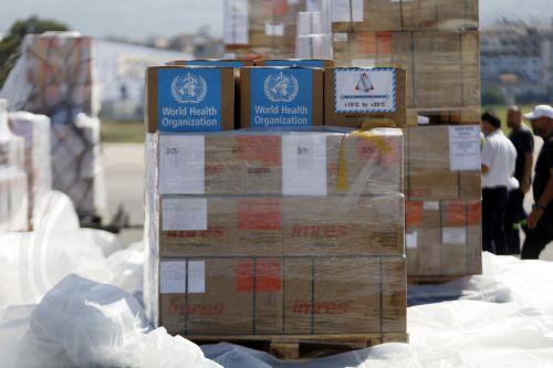 epa11641320 Pallets of aids, medicines, and medical supplies provided by the World Health Organization (WHO) arrive at Beirut airport, in Beirut, Lebanon, 04 October 2024. Lebanese Minister of Health, Firas Abiad, announced on 03 October, that 1,974 people have been killed, including 127 children and 261 women, and 9,384 others have been injured in Lebanon...